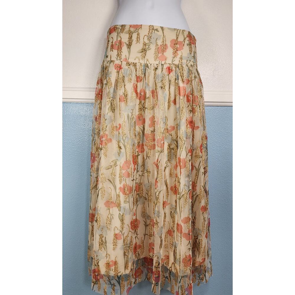 Floral‎ Gold Metallic Mesh Overlay Midi Skirt Lined Romantic Cottagecore NWOT